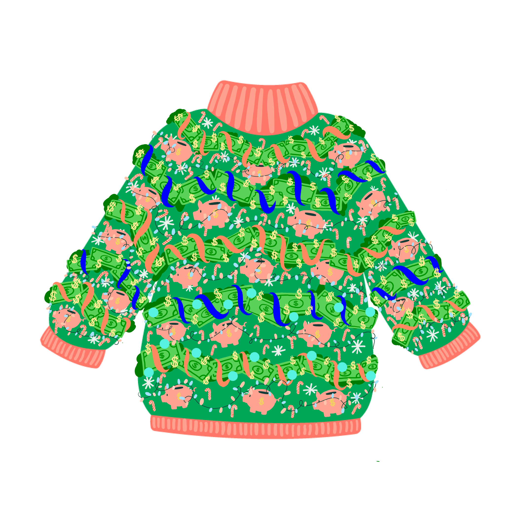 Green sweater with garlands of dollar bills and piggy banks on it