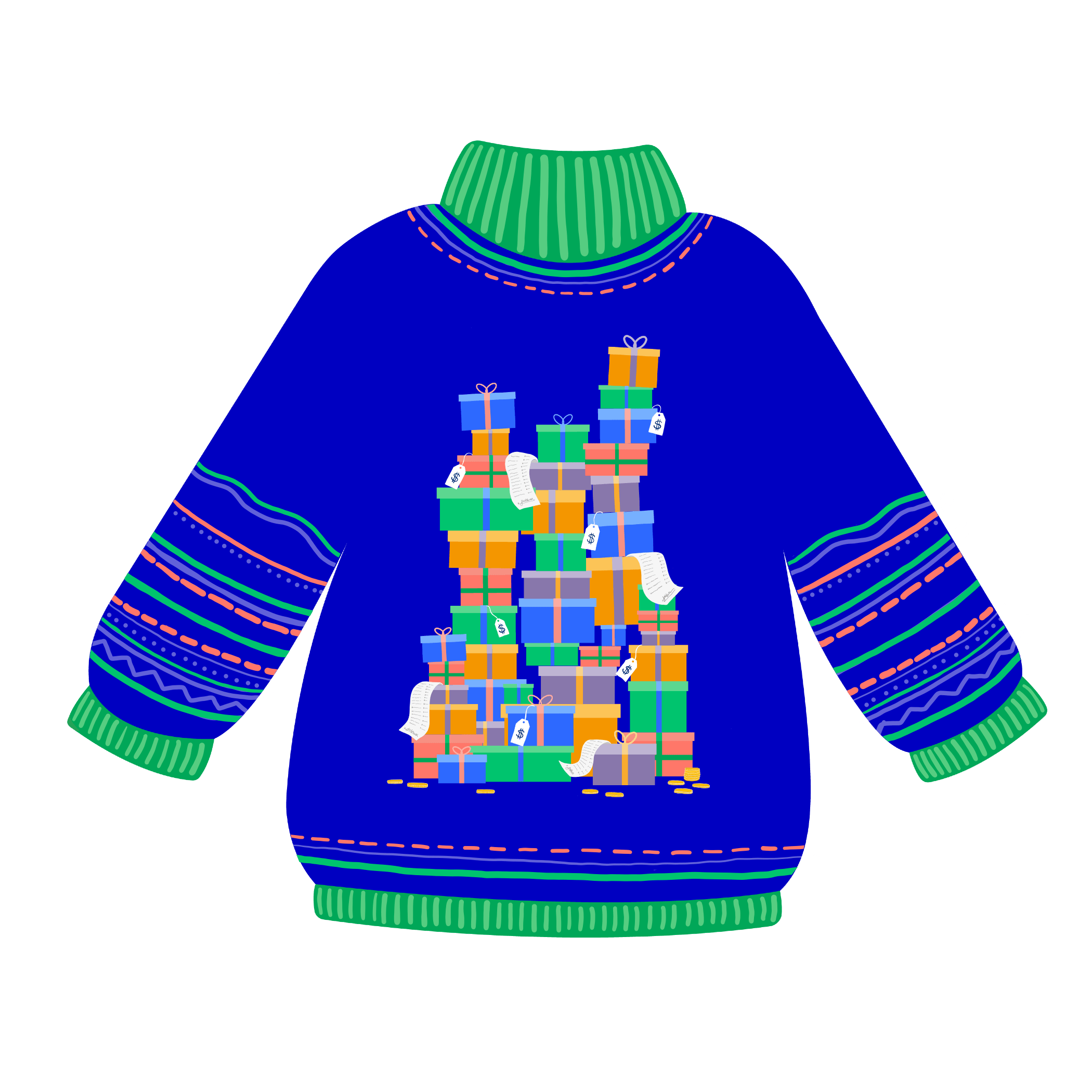 Royal blue sweater with 3 piles of wrapped presents on it