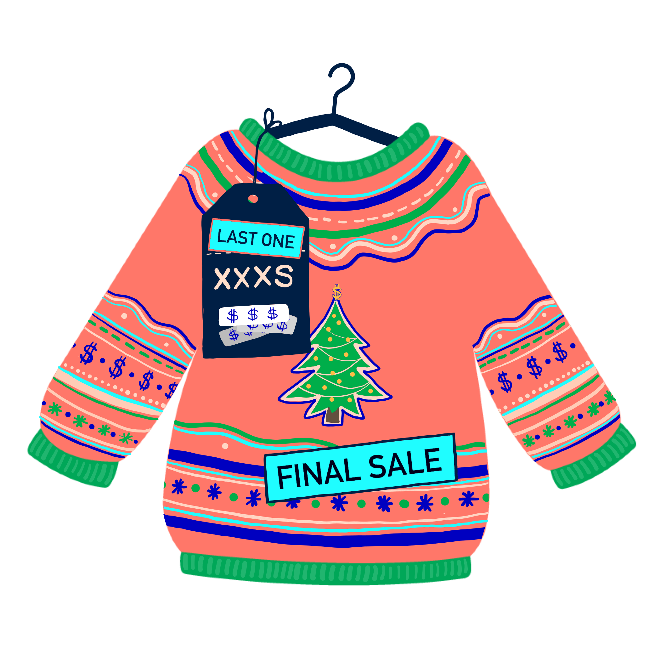 Extra small pink sweater with a Christmas tree on it and a sales tag