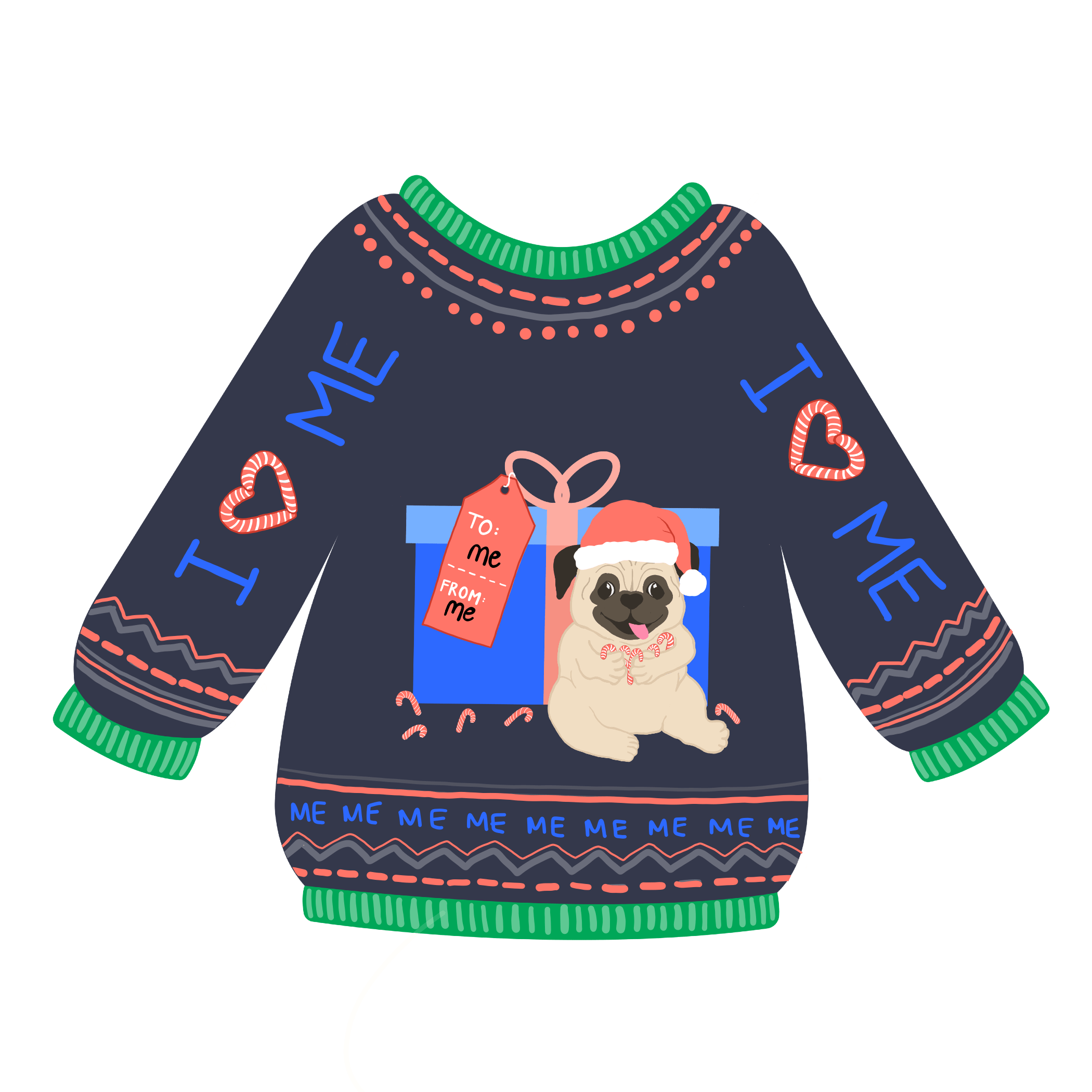 Black sweater with a pug eating candy canes in a santa hat on it