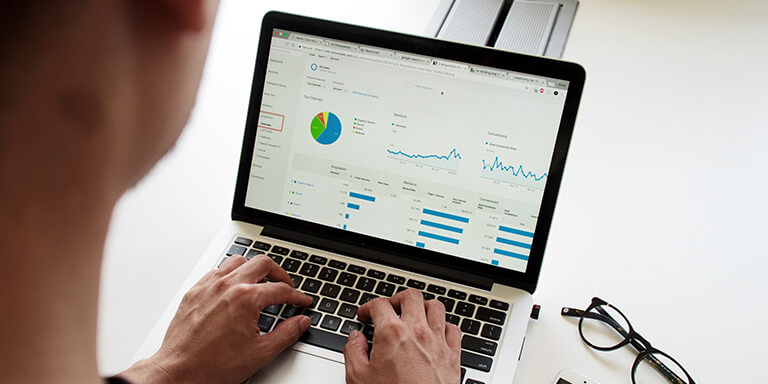 A close up of a person reading charts and graphs on their laptop computer