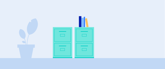 Animation of a piece of paper going into a filing cabinet