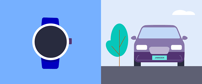 A smart watch with apps showing, next to a car with a flat tire