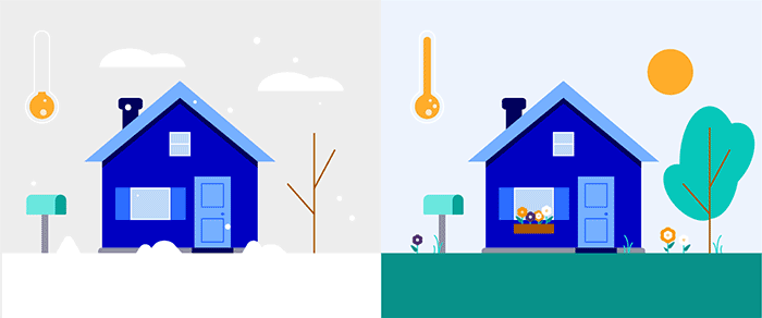 An animation of a house in wintertime and a house in the springtime