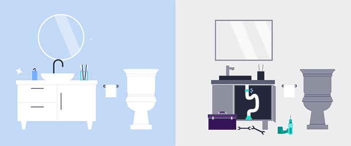 An animation of a new clean bathroom next to a broken, leaking bathroom sink