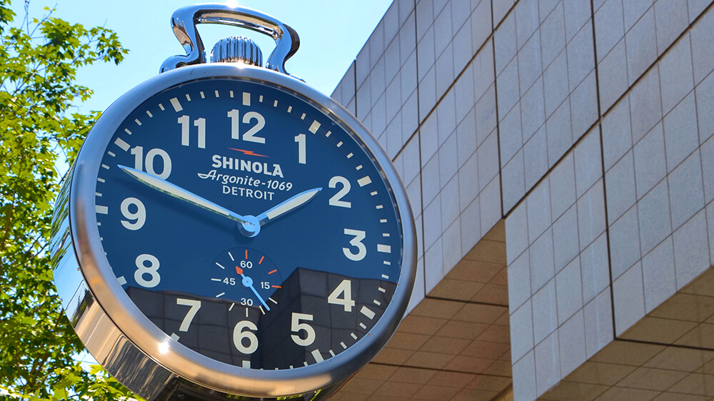 One of the four Shinola City Clocks in Detroit, Michigan, USA
