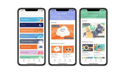 Three smartphone screens showing the various pages of the Headspace app and their products and services