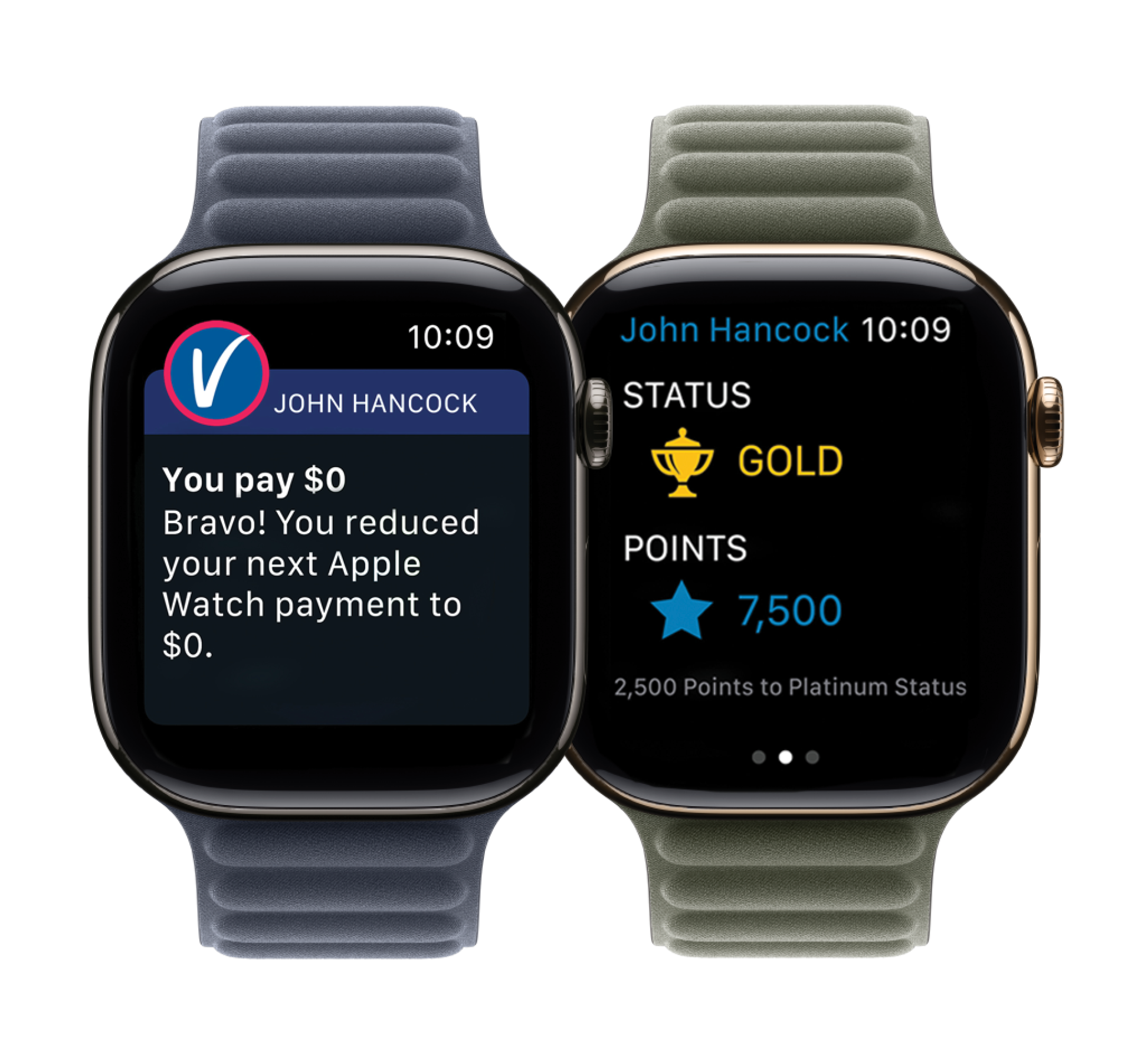 John Hancock Vitality Apple Watch program showing payment reduction and status points on smartwatch screens.